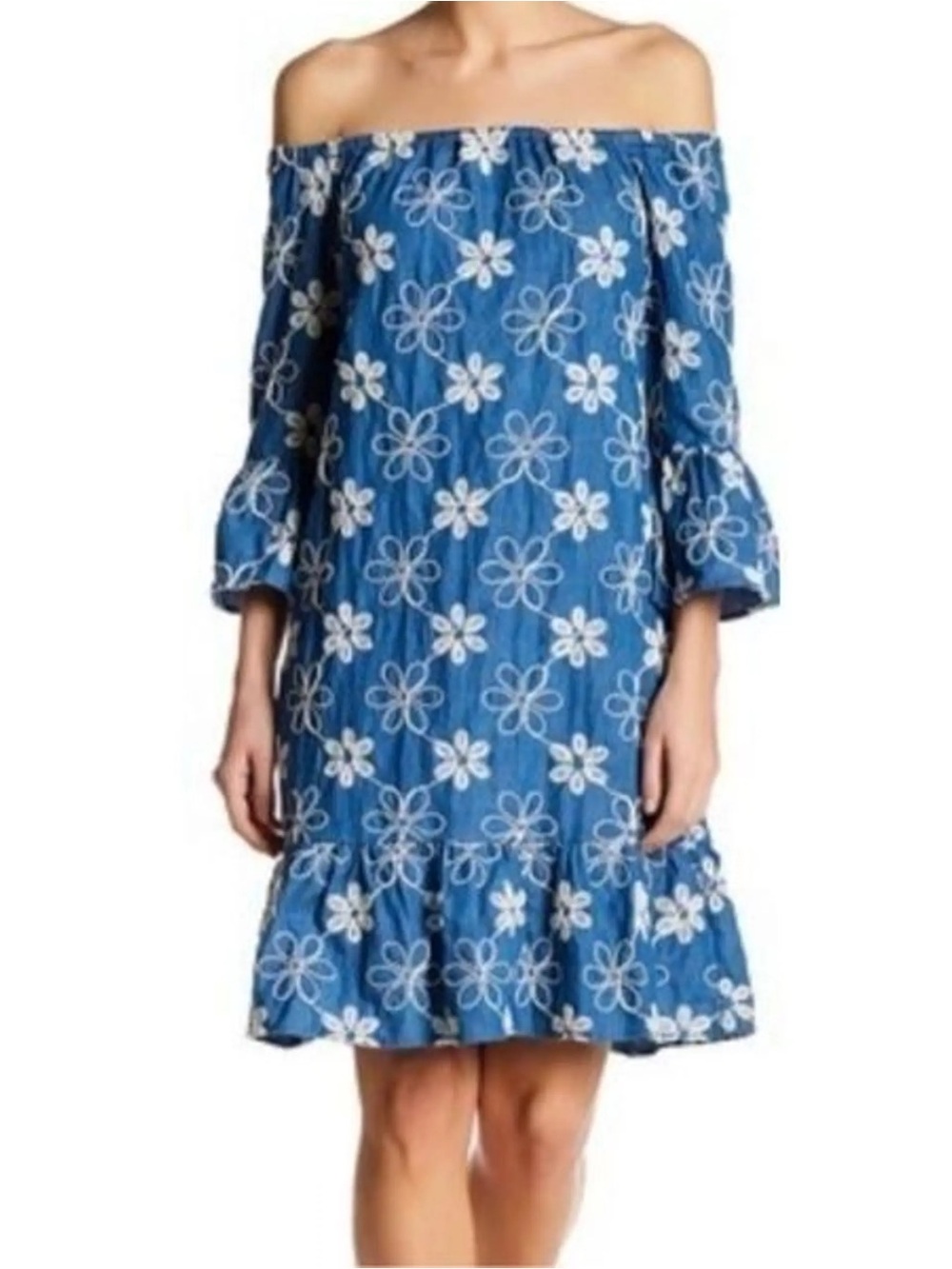 Beige by ECI Blue Chambray Cotton Off-the-Shoulder Dress